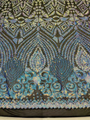 Aqua/Blue Iridescent Sequins Fabric On Black Mesh 4 Way Stretch Geometric Design By The Yard