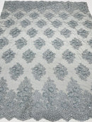 Floral Lace Fabric - Gray on Black Mesh - Flower Cluster Embroidery Design With Sequins on a Mesh