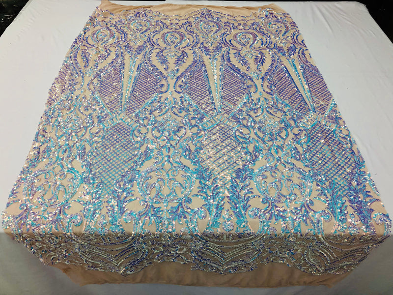 Iridescent Sequins, Iridescent Aqua 4 Way Stretch Damask Design Fabric On Stretch Mesh By The Yard