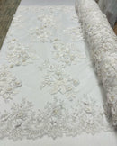 Of White Flower 3D Fabric - by the Yard - Embroided Fabric Flower Pearls and Beaded Fabric