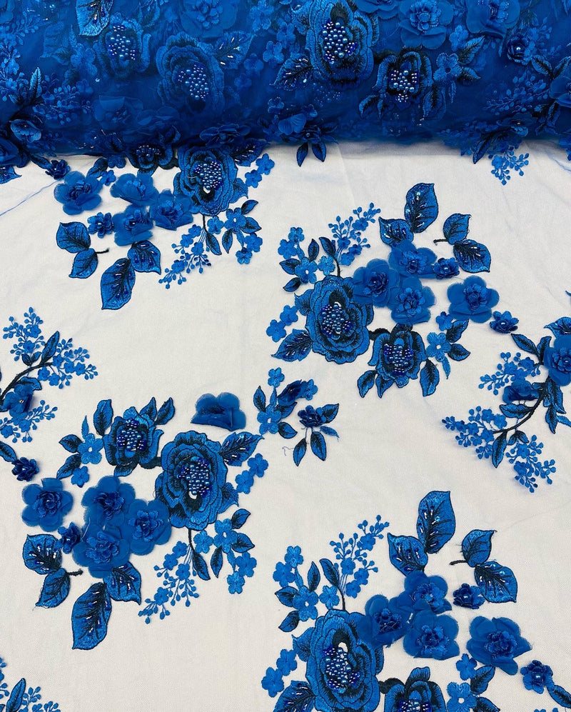 Royal Blue Flower 3D Fabric - by the Yard - Embroided Fabric Flower Pearls and Beaded Fabric