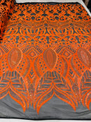 Orange Sequin - 4 Way Stretch Embroidered Royalty Sequins Design Fabric By Yard