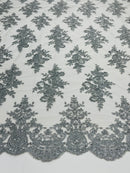 Metallic Silver Floral Lace Fabric by the yard Corded Flower Embroidery Design With Sequins on a Mesh