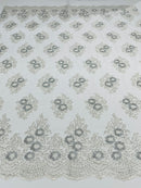Floral Lace Fabric - Off-White - Flower Cluster Embroidery Design With Sequins on a Mesh