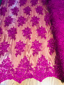 Embroidered Flower Lace - Fuchsia - Corded Floral Lace With Sequins Sold By Yard