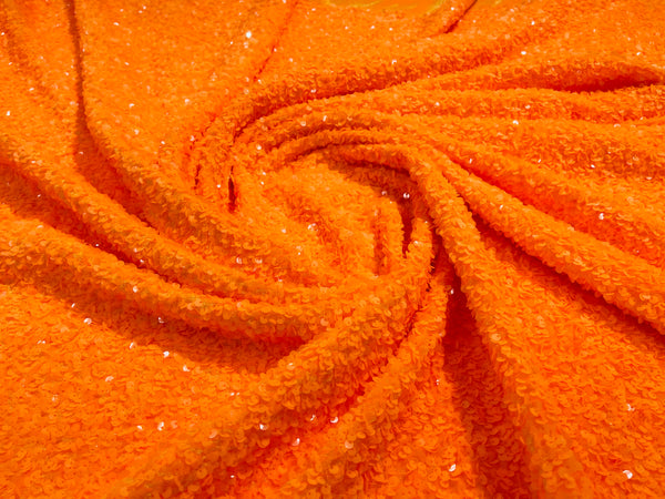 Neon Orange Sequin Fabric on Stretch Velvet - by the yard - Sequins 2 Way Stretch  58/60”