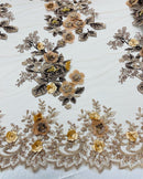 Skin Flower 3D Fabric - by the Yard - Embroided Fabric Flower Pearls and Beaded Fabric