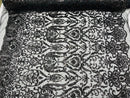 Black Sequin Fabric On a Mesh 4 Way Stretch Damask Design By The Yard