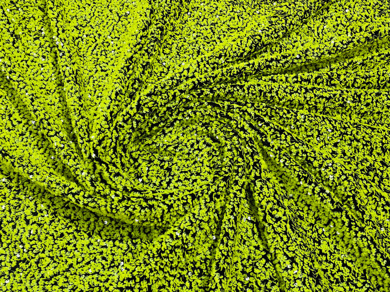 Lime Green Sequin Fabric on Black Stretch Velvet - by the yard - Sequins 2 Way Stretch  58/60”