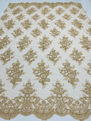 Metallic Gold/Skin Mesh Floral Lace Fabric by the yard Corded Flower Embroidery Design With Sequins
