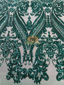 Big Damask Sequins Fabric - Teal Green  - 4 Way Stretch Damask Sequins Design Fabric By Yard