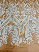 Big Damask Sequins Fabric - White on Dark Nude - 4 Way Stretch Damask Sequins Design Fabric By Yard