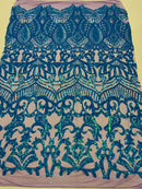 Iridescent Turquoise - 4 Way Stretch Embroidered Royalty Sequins Design Fabric By Yard