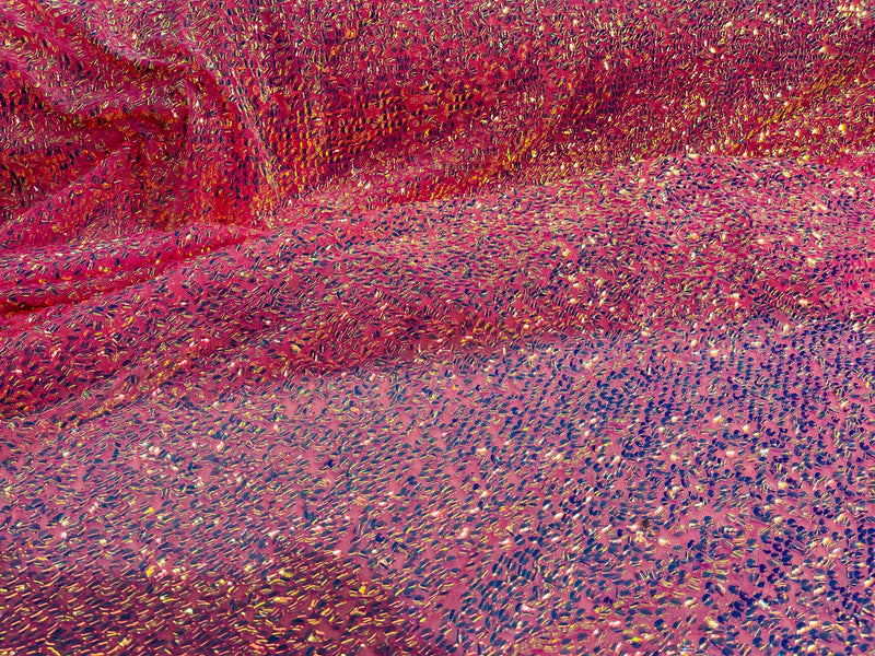 New Iridescent Clear Sequin Fabric Embroidery On Pink Power Mesh 4Way