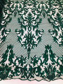 Hunter Green Beaded Fabric - Hand Embroidery Lace Bridal Floral Mesh Dress Fabric By Yard