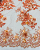 Orange Flower 3D Fabric - by the Yard - Embroided Fabric Flower Pearls and Beaded Fabric