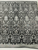 Black Sequin Fabric - by the yard - On Mesh 4 Way Stretch, Damask Design Sequins
