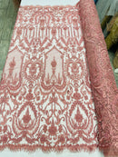 Dusty Rose Beaded Damask Fabric - by the yard - Embroidered with Beads and Sequins on Mesh Fabric