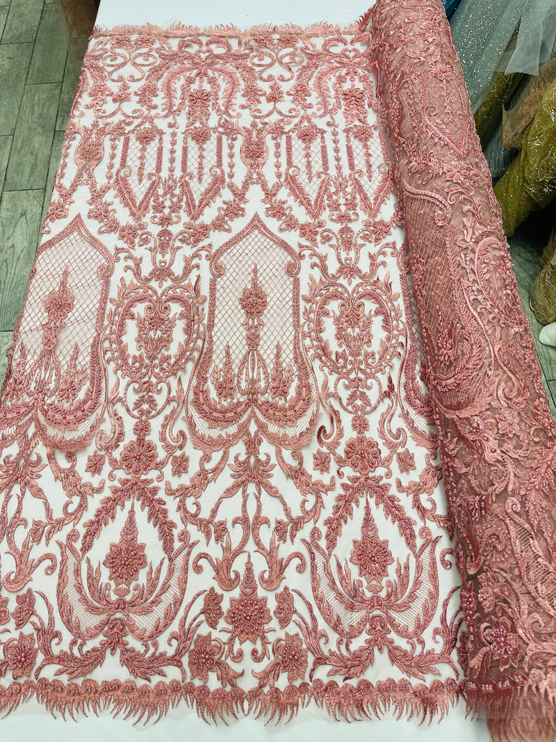 Dusty Rose Beaded Damask Fabric - by the yard - Embroidered with Beads and Sequins on Mesh Fabric