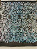 Aqua/Blue Iridescent Sequin Fabric - by the yard - On Mesh 4 Way Stretch, Damask Design Sequins