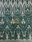 Big Damask Sequins Fabric - Teal Green  - 4 Way Stretch Damask Sequins Design Fabric By Yard