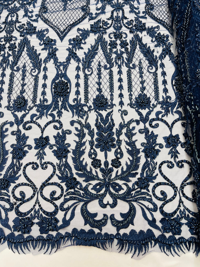 Navy Beaded Damask Fabric - by the yard - Embroidered with Beads and Sequins on Mesh Fabric