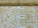 Gold Beaded Damask Fabric - by the yard - Embroidered with Beads and Sequins on Mesh Fabric