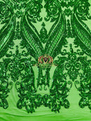 Big Damask Sequins Fabric - Emerald - 4 Way Stretch Damask Sequins Design Fabric By Yard