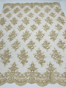 Metallic Gold Floral Lace Fabric by the yard Corded Flower Embroidery Design With Sequins on a Mesh