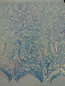 Clear Iridescent Sequin Fabric - 4 Way Stretch Embroidered Royalty Sequins Design Fabric By Yard