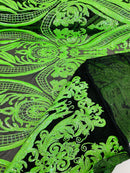 Big Damask Sequins Fabric - Neon Green / Black - 4 Way Stretch Damask Sequins Design Fabric By Yard