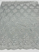 Floral Lace Fabric - Silver on Black Mesh - Flower Cluster Embroidery Design With Sequins on a Mesh