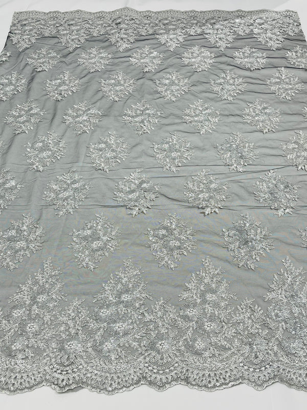 Floral Lace Fabric - Silver on Black Mesh - Flower Cluster Embroidery Design With Sequins on a Mesh
