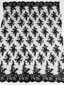 Lace Flower Cluster Fabric - Black - Embroidered Flower With Sequins on a Mesh Lace Fabric By Yard