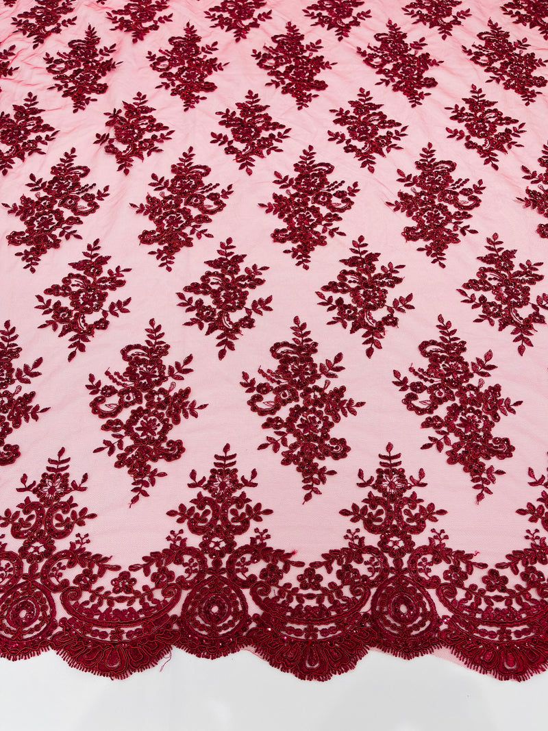 Burgundy Floral Lace Fabric by the yard Corded Flower Embroidery Design With Sequins on a Mesh