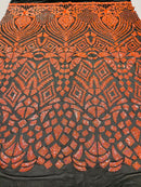 Orange Iridescent Sequins Fabric On Black Mesh 4 Way Stretch Geometric Design By The Yard