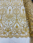 Gold Beaded Damask Fabric - by the yard - Embroidered with Beads and Sequins on Mesh Fabric