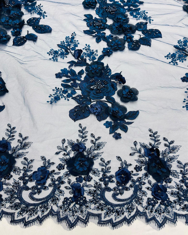 NAVY BLUE Flower 3D Fabric - by the Yard - Embroided Fabric Flower Pearls and Beaded Fabric