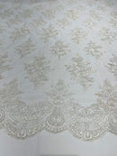 White Floral Lace Fabric - by the yard - Corded Flower Embroidery Design With Sequins on a Mesh