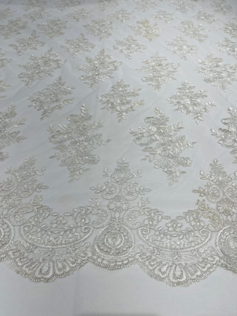 White Floral Lace Fabric - by the yard - Corded Flower Embroidery Design With Sequins on a Mesh