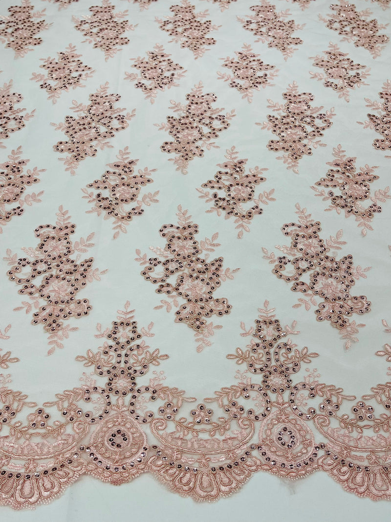 Blush Pink Floral Lace Fabric by the yard Corded Flower Embroidery Design With Sequins on a Mesh