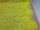 4 Way Stretch Damask Design Yellow Sequins Fabric On NUDE Mesh By Yard