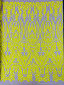 Big Damask Sequins Fabric - Yellow on Nude - 4 Way Stretch Damask Sequins Design Fabric By Yard
