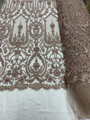 Rose Nude Beaded Damask Fabric - by the yard - Embroidered with Beads and Sequins on Mesh Fabric