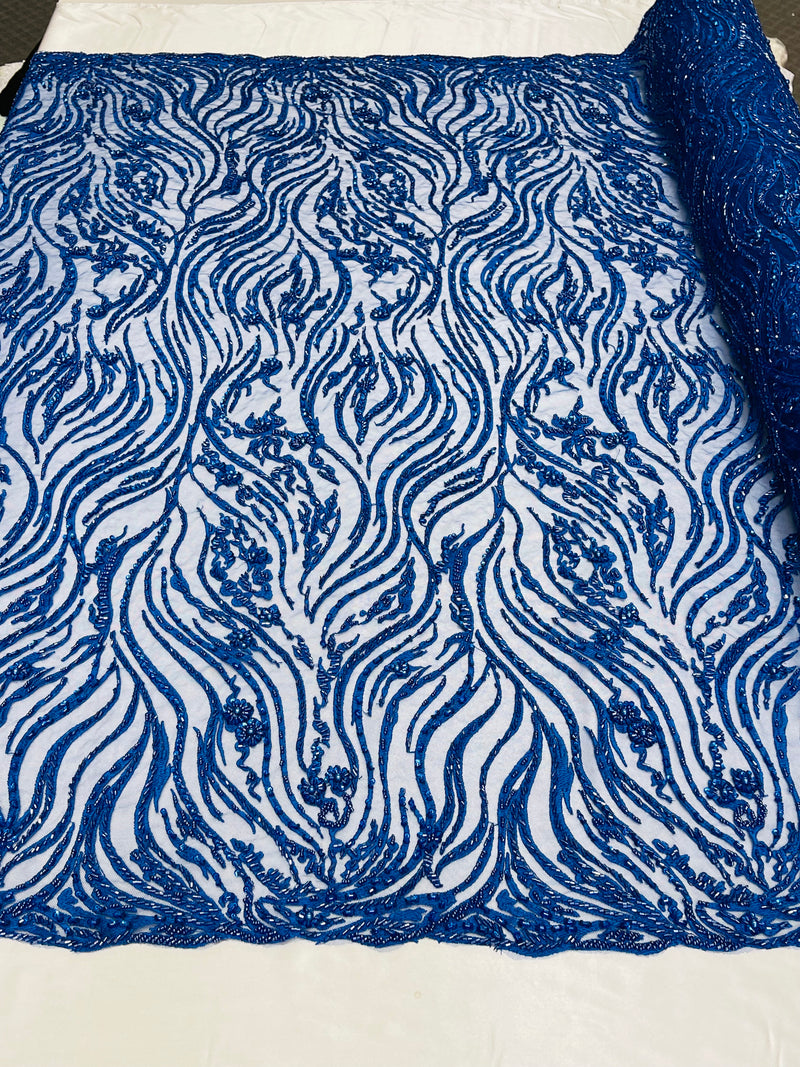Royal Blue Beaded Fabric - by the yard - Fancy Embroidered Zebra Design with Beads on Mesh Fabric
