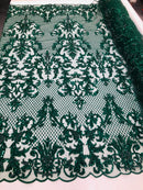 Hunter Green Beaded Fabric - Hand Embroidery Lace Bridal Floral Mesh Dress Fabric By Yard