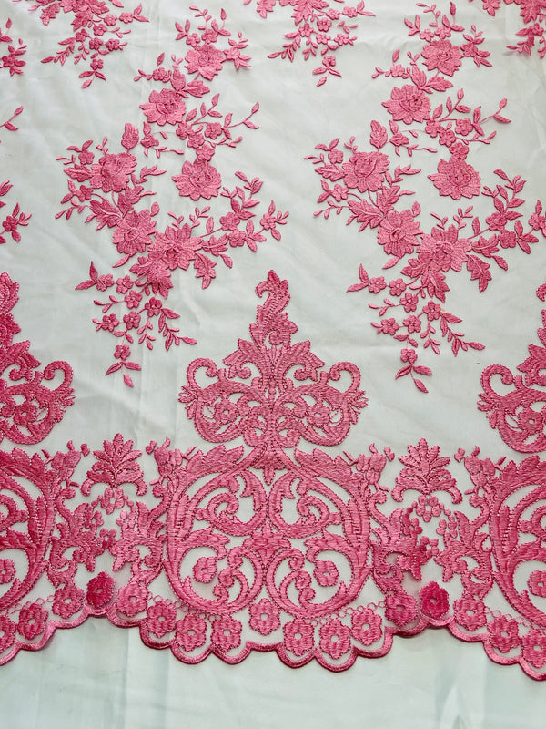 Damask Lace - Bubble Gum Pink - Floral Damask Design Embroidered on Mesh Lace Fabric