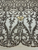 Damask Fabric - Khaki - Embroidered Sequin Fabric On 4 Way Stretch Mesh Fabric By The Yard