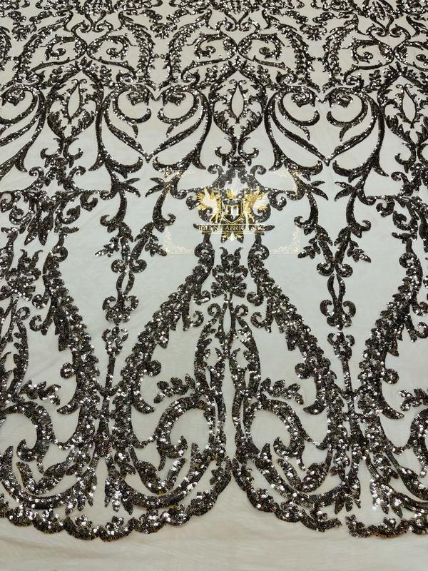 Damask Fabric - Khaki - Embroidered Sequin Fabric On 4 Way Stretch Mesh Fabric By The Yard