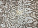 Damask Fabric - Matte Champagne - Embroidered Sequin Fabric On 4 Way Stretch Mesh Fabric By The Yard